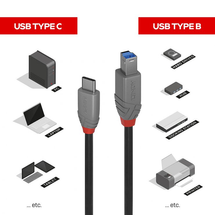 Imagine Cablu USB 3.2 Type C la USB-B Anthra Line 1m, Lindy L36666